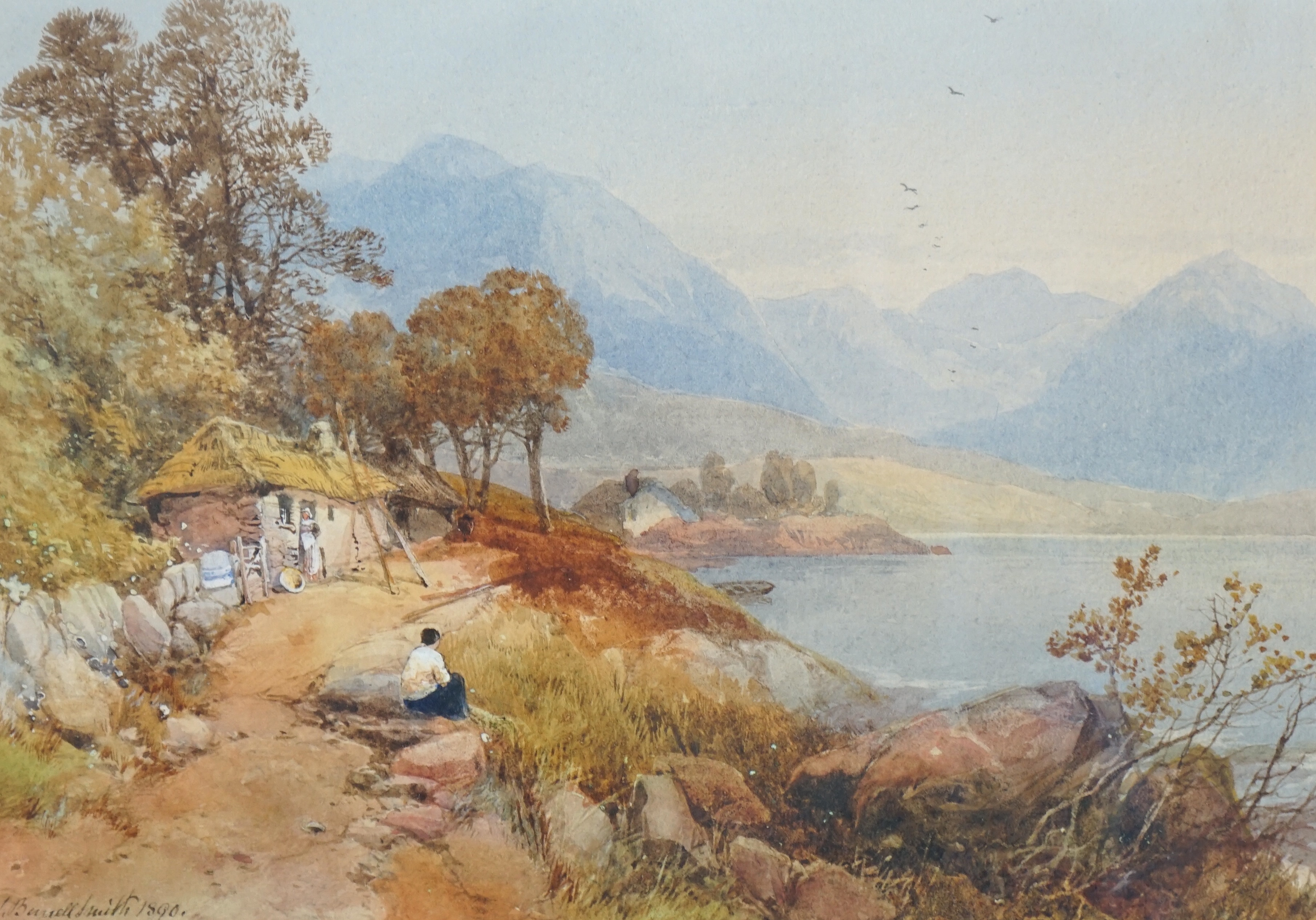 James Burrell Smith (British, 1822-1897), watercolour, Figure and cottage beside a lake, signed and dated 1890, 16.5 x 23.5cm. Condition - good